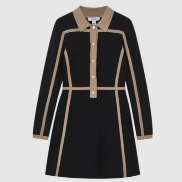 Reiss Nikki Contrast Trim Long-Sleeved Mini Dress - Black and Camel - Small - Picture 6 of 6